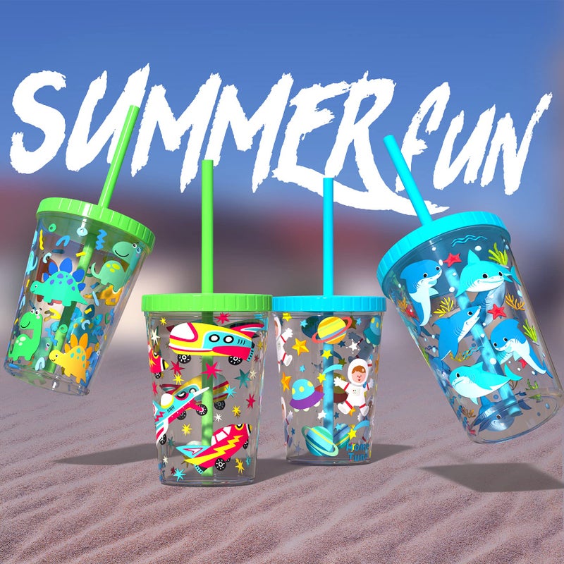 Home Tune 16oz Kids Tumbler Water Drinking Cup 4 Pack - BPA Free, Straw Lid Cup, Reusable, Lightweight, Spill-Proof Water Bottle with Cute Design for Girls & Boys - Shark, Car, Space, Dinosaur - Image 5
